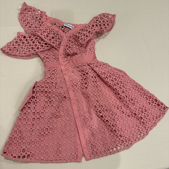 Self-Portrait | Lace Frill Asymmetric Cold-Shoulder Fit & Flare Pink Mini Dress - Picture 10 of 16